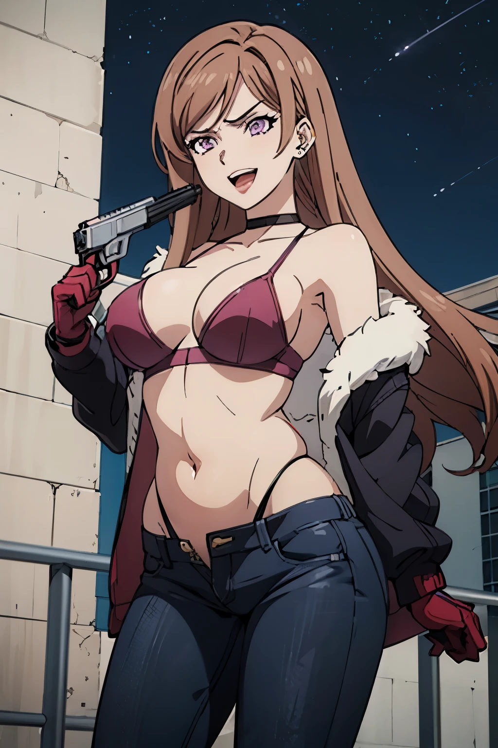 , (anime:1.4), 1girl, solo, claudia_synduality_noir, brown hair, purple eyes, long hair, ear piercing, long hair, blush, lipstick,Hot girl, baddie, staring, glaring, bad attitude, mean girl, dare, angry, hate, crazy, smoking, sensual, attractive ,fur trim, mature female, gloves, fur-trimmed coat , outdoors, rooftop, cityscape, building, railing, night, night sky, scenery, moon, city lights, gloves,jacket, masterpiece,high quality,4k, bare shoulder,belly,crop top,outdoor,cleavage,jeans,casual
dress,street,road,smile, open mouth, (nsfw) not safe for work, holding a gun,handgun, evil expression,
exposed belly, exposed navel, exposed midriff, exposed lower belly, crop top overhang, underboob,
unbuttoned jeans , low rise black jeans, Low rise jeans, Low rise jeans with open fly, navel piercing