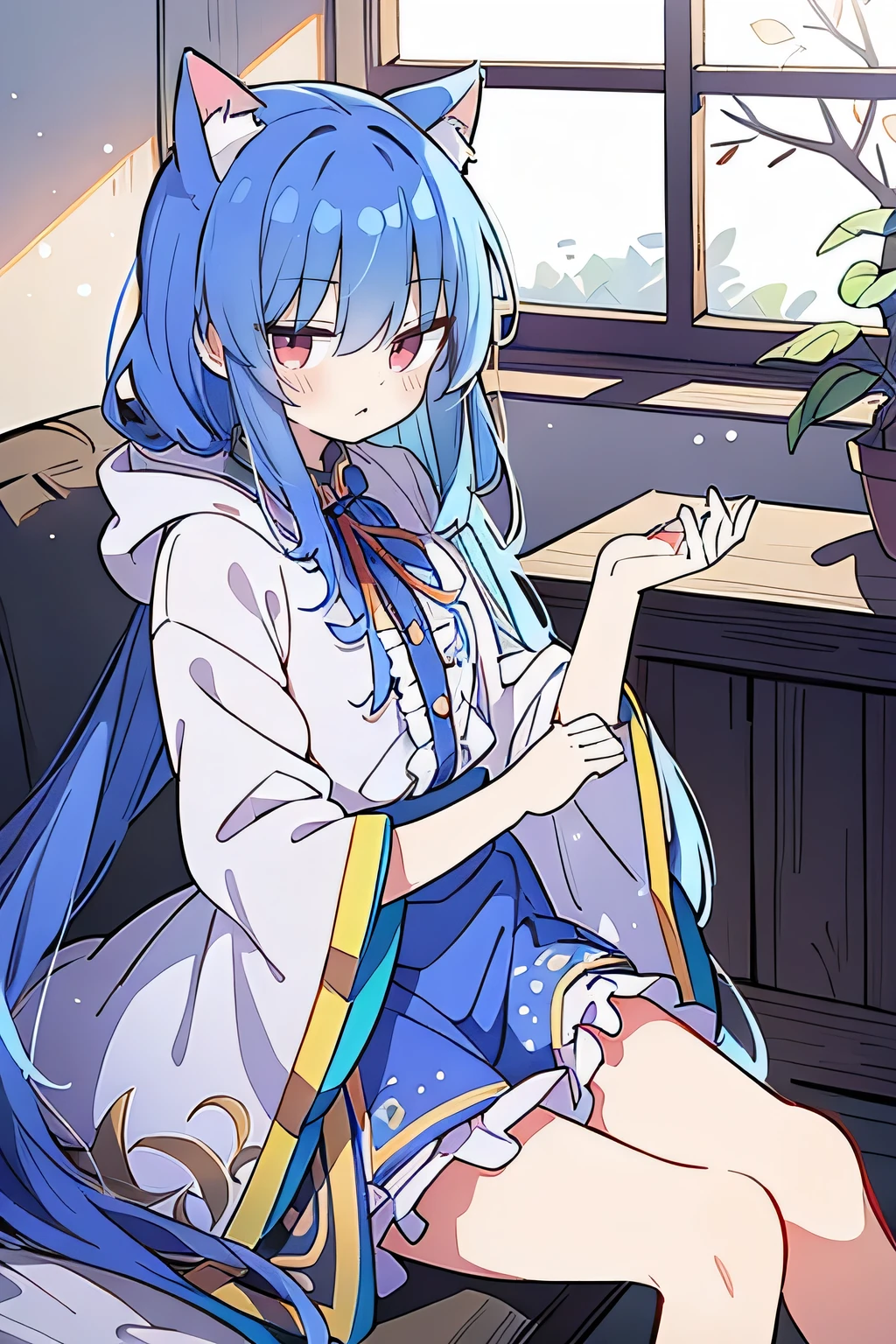 （masterpiece：1.2），Super detailed，lifelike，Expressive eyes，fair skin，perfect face shape，1 girl，
Japanese comics,Gorgeous blue hair,flowing blue hair,flowing clothes,Cat ears,Petals fall,beautiful lola,Baby Angel,
Shaking head with one hand，Cross your legs，Gentle and peaceful background，The pavilion is cool and comfortable,smile, wearing hoodie, In front of the window,snowing
