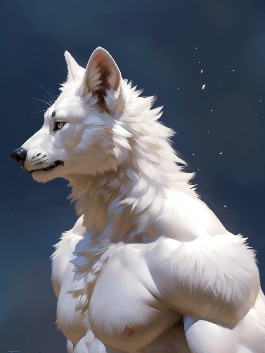 (masterpiece,Highest quality,Ultra-detailed,Perfect Anatomy),kemono,White background,Particles of light,Sharp focus,By Taran fiddler,alone,Anthro,White Wolf,naked,Muscular (White fur:1.5,White body:1.5),Watching the audience,Fine grain,whole body,penis