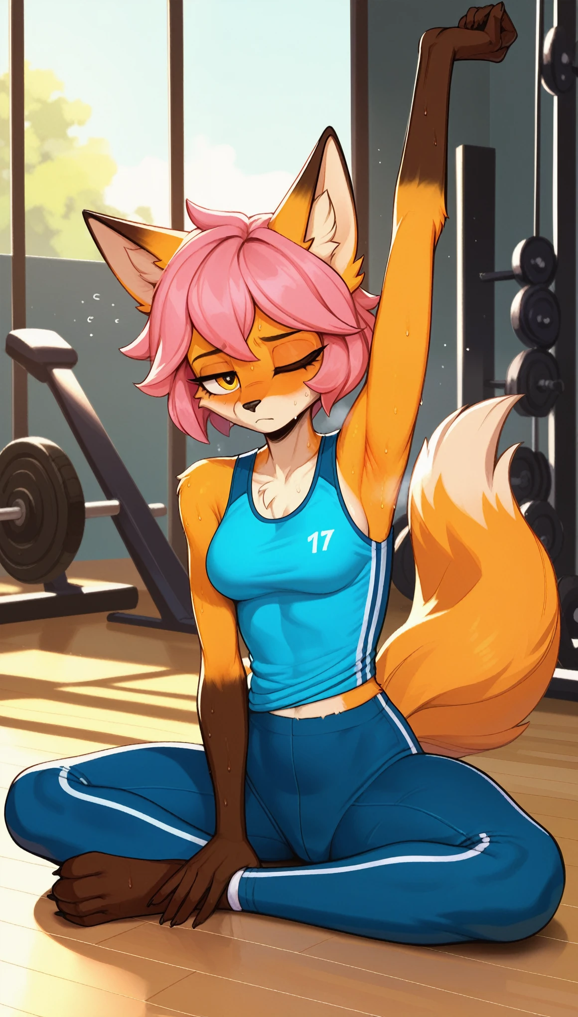 Half-closed eyes, tired expression, 1girl, anthro, furry, fur, fluffy fur, fox girl, thight sport pants, blue pants, gym background, pink hair, yellow eyes, blue sleeveless shirt, sport shirt, short hair, full body, (19 years), medium breast, solo, (gym), one closed eye, sweating, vapor, heat, detailed, (tired), thighs, stretching, score_9, score_8_up, score_7_up, score_6_up, score_5_up, score_4_up