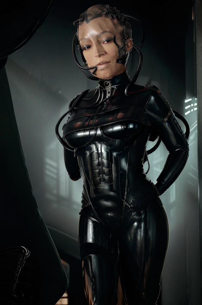 (tawny newsome:1.2), (black skin:1.2), (liquid metal girl full body
 sttldunf uniform:1.2), (Liquid Metal sttldunf uniform:1.2) being assimilated by  Borg, robotic, 
ballgag, leather catsuit, belt, lying, prisoner, (best quality,4k,8k,highres,masterpiece:1.2),ultra-detailed,(realistic,photorealistic,photo-realistic:1.37),dark moody lighting,dramatic chiaroscuro,cinematic, (portrait:1.2)