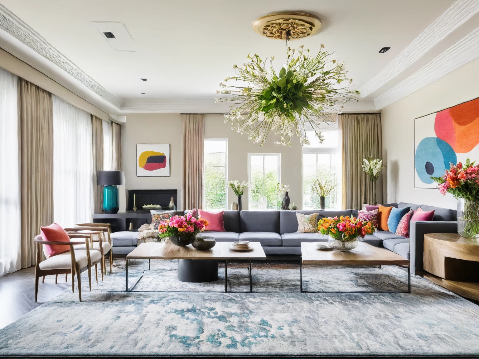 Raw photo, Masterpiece, high quality, best quality, authentic, super detail,
indoors, living room style modern, sofa, table coffee, rug, dining table, chairs, flower vases, shelves, curtain walls, painting, windows, ceiling lights, chandeliers, minimalist line, vivid color,