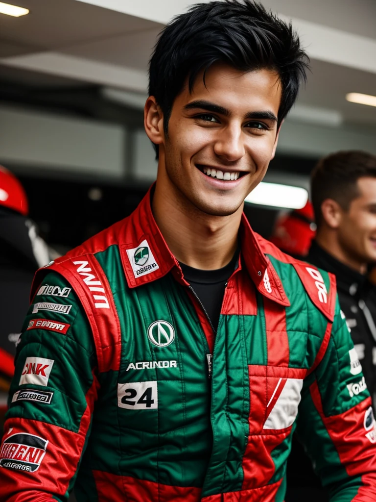 A 24-year-old F1 driver with short black hair and a red streak.
He smiles at the camera and wears a green running suit.