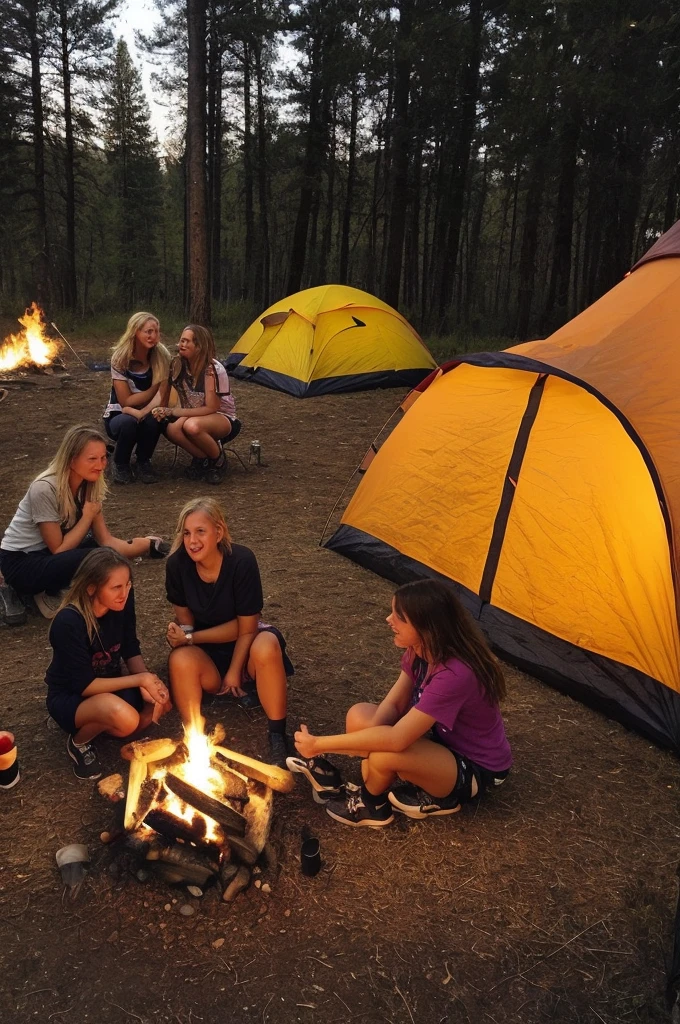 Picture taken with an iPhone. Camping area. Wearing only underwear. Two girls together. One girl is blonde and the other girl is brunette. Making a fire. Next to a river 