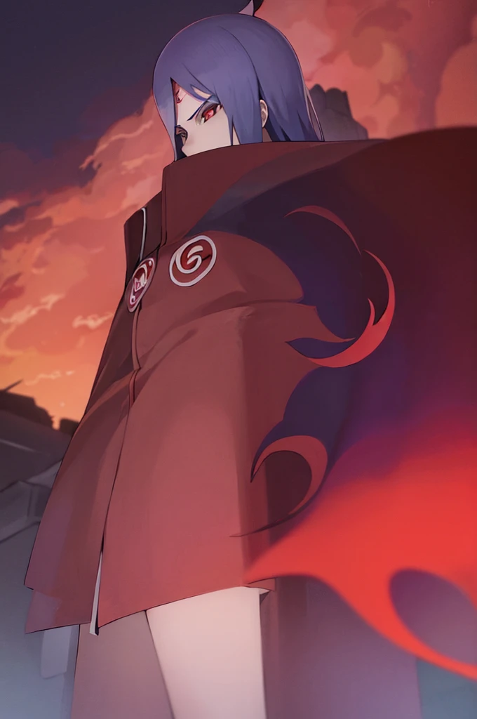 (((akatsuki robe with red clouds))), piercings, looking at the viewer, blue hair, (((standing inside dark room))), night time, busty, large breasts, high quality, 4k