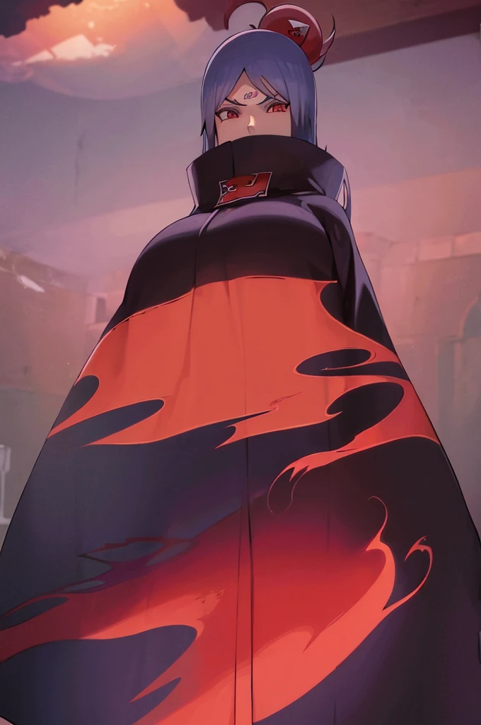 (((akatsuki robe with red clouds))), piercings, looking at the viewer, blue hair, (((standing inside dark room))), night time, busty, large breasts, high quality, 4k