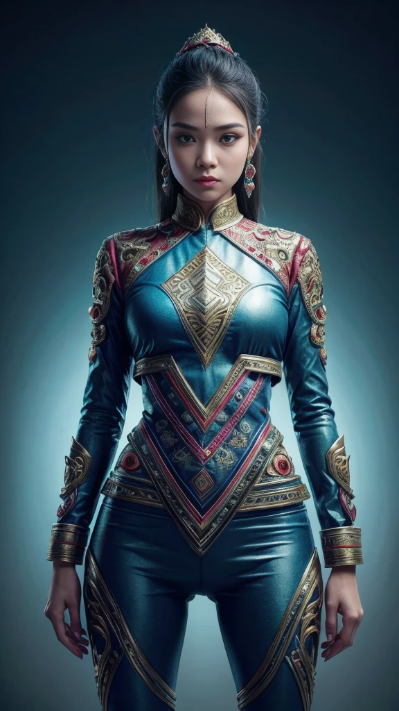 Indonesian style futuristic set,Girls wearing,Reflecting cultural integration and modern fashion. The suit is decorated with intricate patterns and bright colors, Showcasing Indonesia’s rich cultural heritage. The girl stood confidently,Strike a dynamic pose, Her meticulous eyes reflect determination and curiosity. The suit is made from a combination of traditional textiles and future synthetic fibers., Giving it a unique and edgy look. Overall image quality is of the highest standard, Sharp focus,Detail rendering. This artwork uses physically based rendering techniques, Produces realistic lighting and shadows. Bright colors, Capturing the essence of Indonesian cultural aesthetics. The background combines modern architecture and traditional elements, Creating a fusion of the past and the future. The theme explores the intersection of Indonesian culture, Futuristic design, And the artistic image of a confident girl
