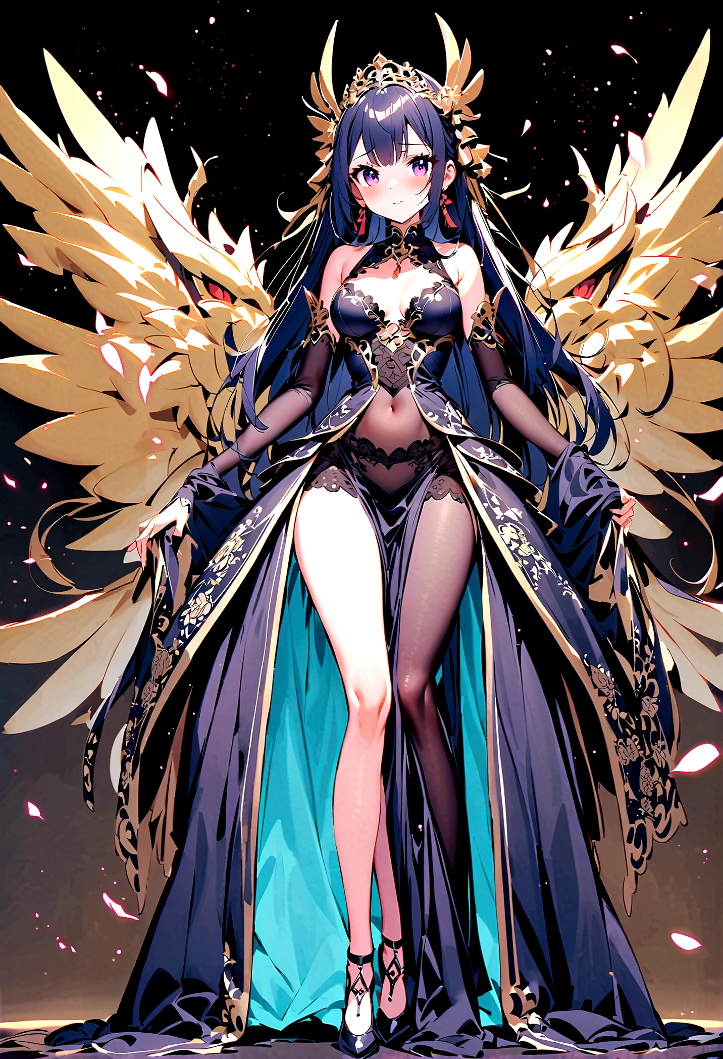 Ultimate Douluo Lan Xuanyu sexy evening dress,Lace hollow transparent camisole underwear,dark,Nervous fun,sit,Lan Xuanyu women's clothing golden dragon princess,dark晚礼服高跟鞋,Sexy lace front split legs,Sexy Princess,Full body front view