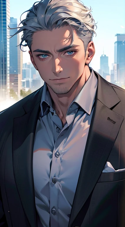 (best quality,4k,8k,highres,masterpiece:1.2),ultra-detailed,(realistic,photorealistic,photo-realistic:1.37),1 man,31 years old,mature man,very handsome,without expression,smile,short grey blue hair,blue eyes,penetrating gaze,perfect face without errors,imposing posture,businessman,office background,cinematic lighting,hdr image
