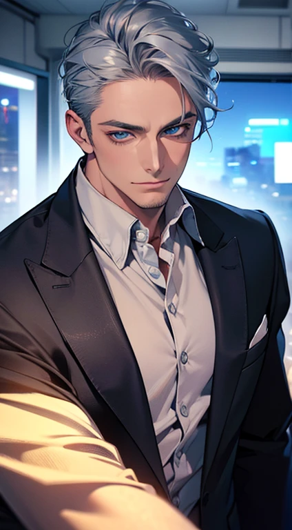 (best quality,4k,8k,highres,masterpiece:1.2),ultra-detailed,(realistic,photorealistic,photo-realistic:1.37),1 man,31 years old,mature man,very handsome,without expression,smile,short grey blue hair,blue eyes,penetrating gaze,perfect face without errors,imposing posture,businessman,office background,cinematic lighting,hdr image