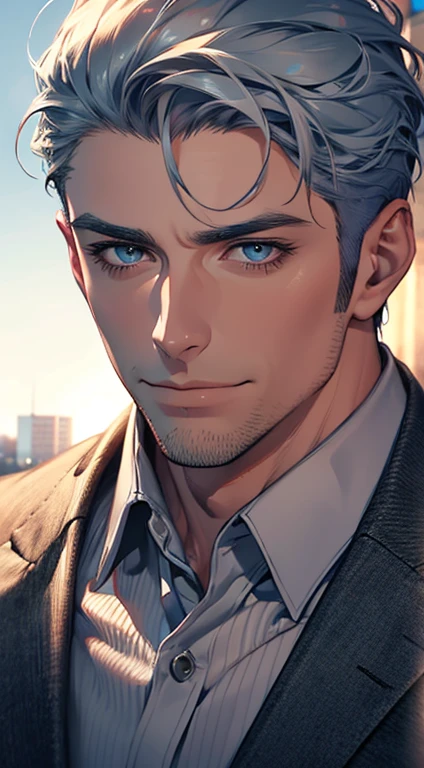 (best quality,4k,8k,highres,masterpiece:1.2),ultra-detailed,(realistic,photorealistic,photo-realistic:1.37),1 man,31 years old,mature man,very handsome,without expression,smile,short grey blue hair,blue eyes,penetrating gaze,perfect face without errors,imposing posture,businessman,office background,cinematic lighting,hdr image