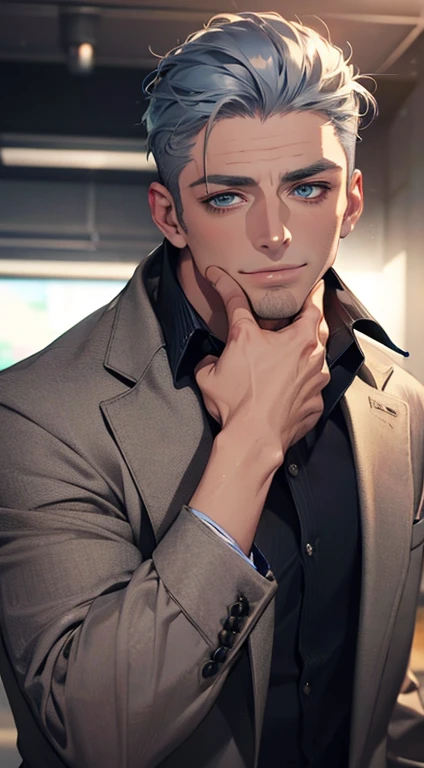 (best quality,4k,8k,highres,masterpiece:1.2),ultra-detailed,(realistic,photorealistic,photo-realistic:1.37),1 man,31 years old,mature man,very handsome,without expression,smile,short grey blue hair,blue eyes,penetrating gaze,perfect face without errors,imposing posture,businessman,office background,cinematic lighting,hdr image