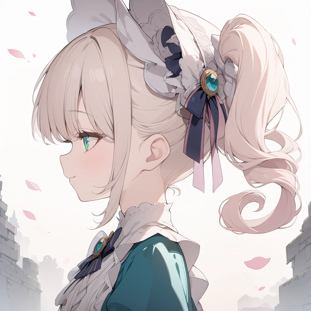 Platinum Blonde hair,curls,((emerald green eyes)),long eyelashes,((light pink victorian dress)),puffy short sleeves,pink frilled dress,((wide brimmed Bonnet with bows)),bustshot,masterpiece,highress,soft smile,bishoujo,peterpan collar,profile,white accents,white trim,white frills,((long curly side ponytail)),solo,facing left,((short hair))