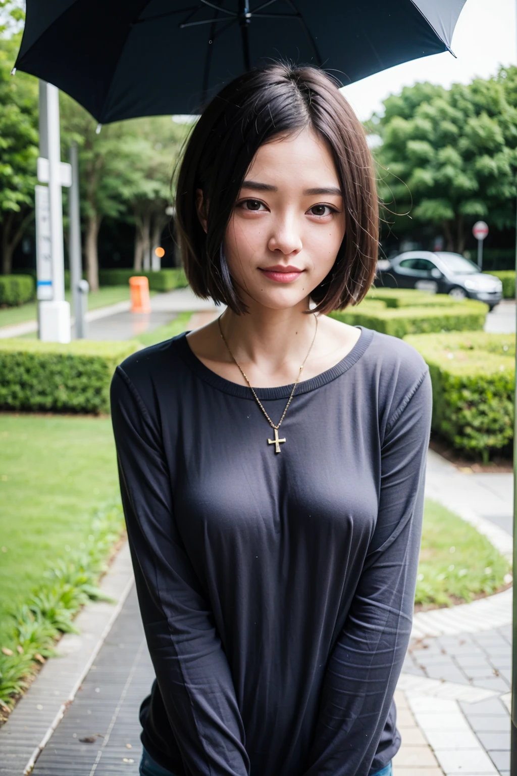 4k, Top quality, 1 beautiful woman, super short Hair, at park, rainy day, shy smile
