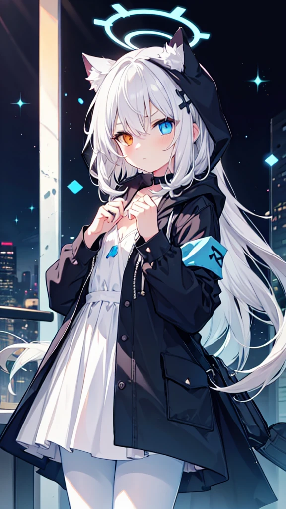 White pantyhose，White hair，Long hair，Cat ear，Heterochromia blue-red，Serious expression，Female face，There are bright spots in the eyes，Female hands，White little hands，Normal fingers，flat chest，Gray-black coat，With a hood，blue halo，night