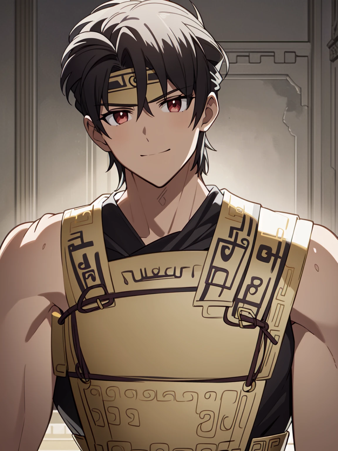 ((silver headband)), (greek armor), ((greek warrior)), ((black hair)), ((happy expression)), ((fair skin)), ((ancient greek clothing)), ((muscular body)), ((demigod of Zeus)), ((complementary colors)), ((mature male)), 1boy, beautifully drawn, high resolution illustration, best quality, High definition, ((detailed anime sketch)), Masterpiece, (solo), absurdres, portrait, ((upper body)), ((close-up)),  ((short hair)), detailed background, fine detail, male focus, HDR,