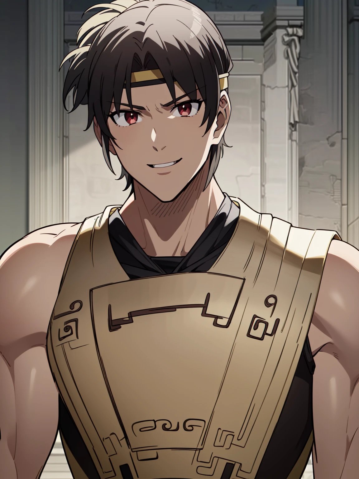 ((silver headband)), (greek armor), ((greek warrior)), ((black hair)), ((happy expression)), ((fair skin)), ((ancient greek clothing)), ((muscular body)), ((demigod of Zeus)), ((complementary colors)), ((mature male)), 1boy, beautifully drawn, high resolution illustration, best quality, High definition, ((detailed anime sketch)), Masterpiece, (solo), absurdres, portrait, ((upper body)), ((close-up)),  ((short hair)), detailed background, fine detail, male focus, HDR,