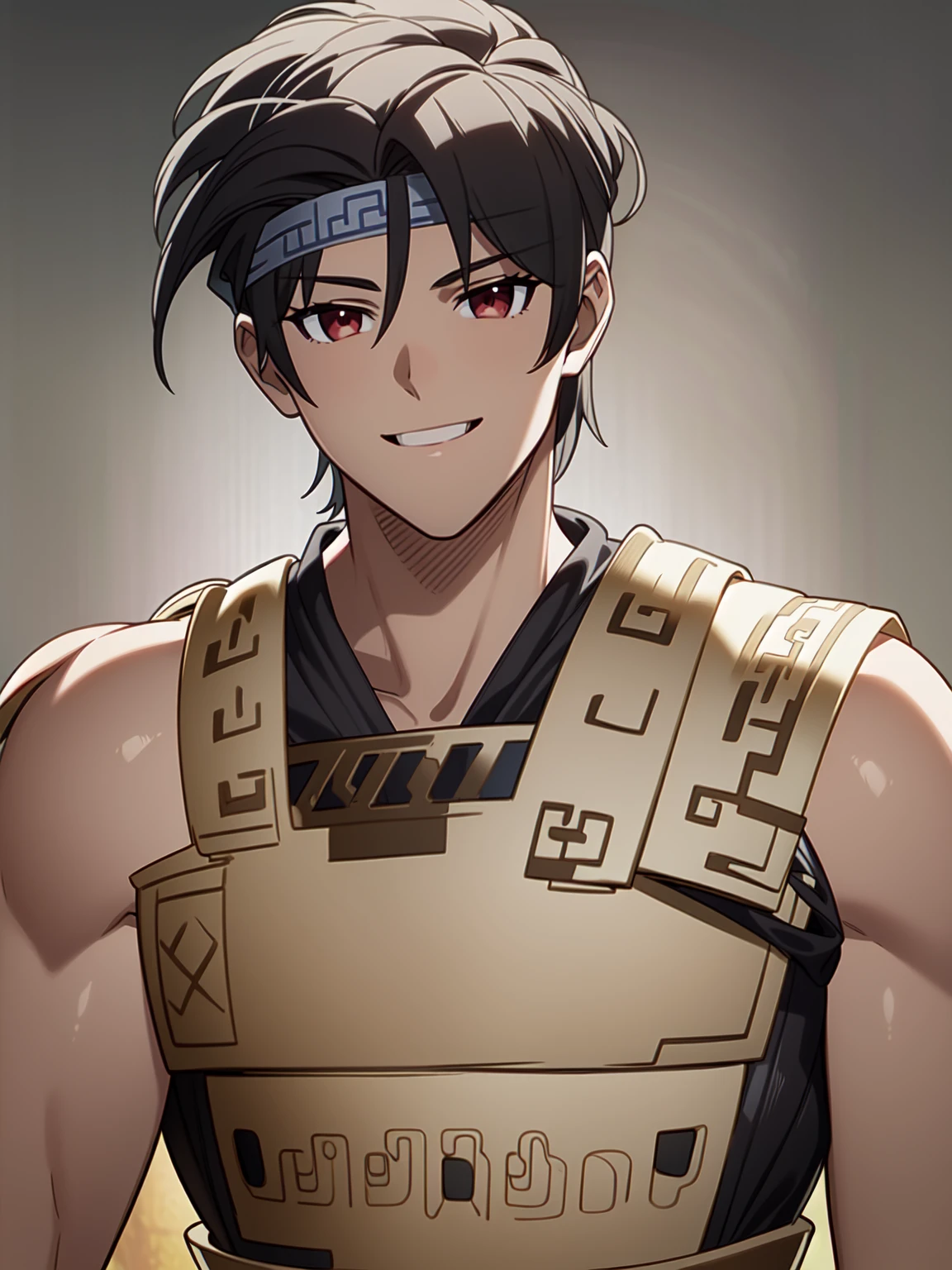 ((silver headband)), (greek armor), ((greek warrior)), ((black hair)), ((happy expression)), ((fair skin)), ((ancient greek clothing)), ((muscular body)), ((demigod of Zeus)), ((complementary colors)), ((mature male)), 1boy, beautifully drawn, high resolution illustration, best quality, High definition, ((detailed anime sketch)), Masterpiece, (solo), absurdres, portrait, ((upper body)), ((close-up)),  ((short hair)), detailed background, fine detail, male focus, HDR,