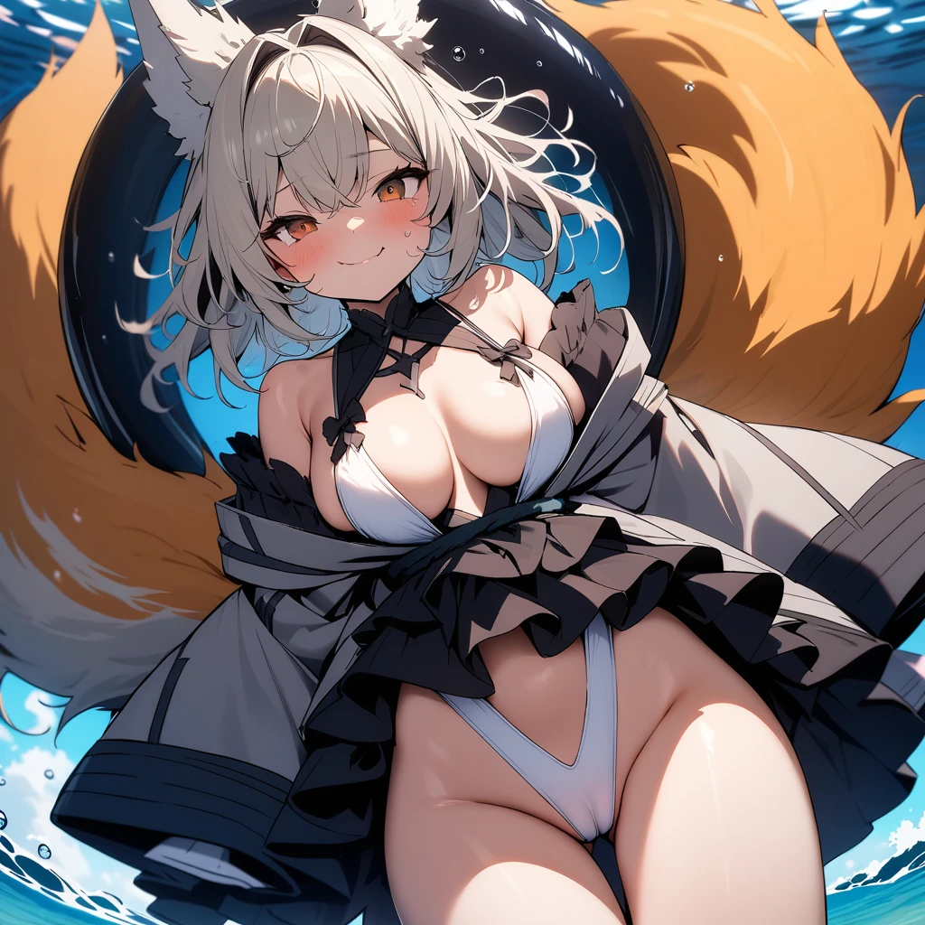 (masterpiece,best quality,very aesthetic),(disheveled hair)(ultra-detailed),high saturation,1girl,18yo,solo,curvy,short stature,a platinum blonde fox tail,large breasts,(platinum blonde fox ears),short hair,platinum blonde hair,beautiful face,(messy hair),(disheveled hair),hair intakes,(fusion of gray kimono and white slingshot swimsuit with black frills,Layered clothing with orange on both sides and black on the inside:1.2),bare legs,(cameltoe:0.8),enjoyable,alluring smile,brown foxy eyes,BREAK,ocean,under water,swimming in the ocean,bubble,tropical fish,(cheek squash,holding own breath),cowboy shot