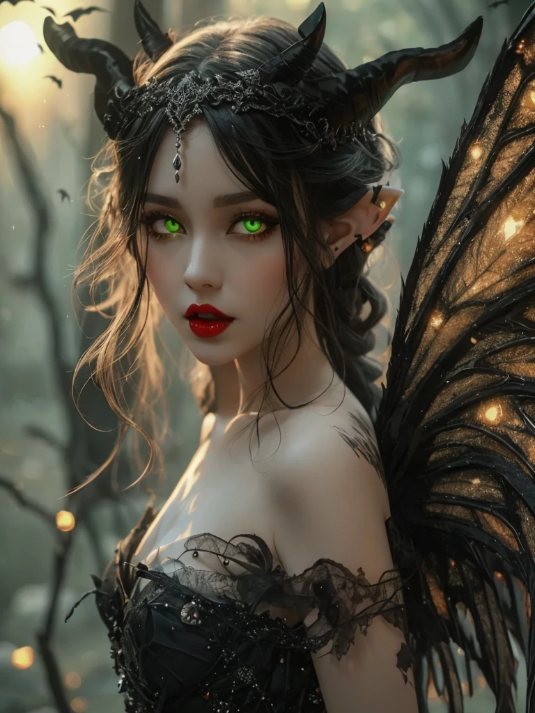 Black hair, green glowing eyes, pale cream ivory skin, black wings, 4 black horns, red lips, black dress, elf ears