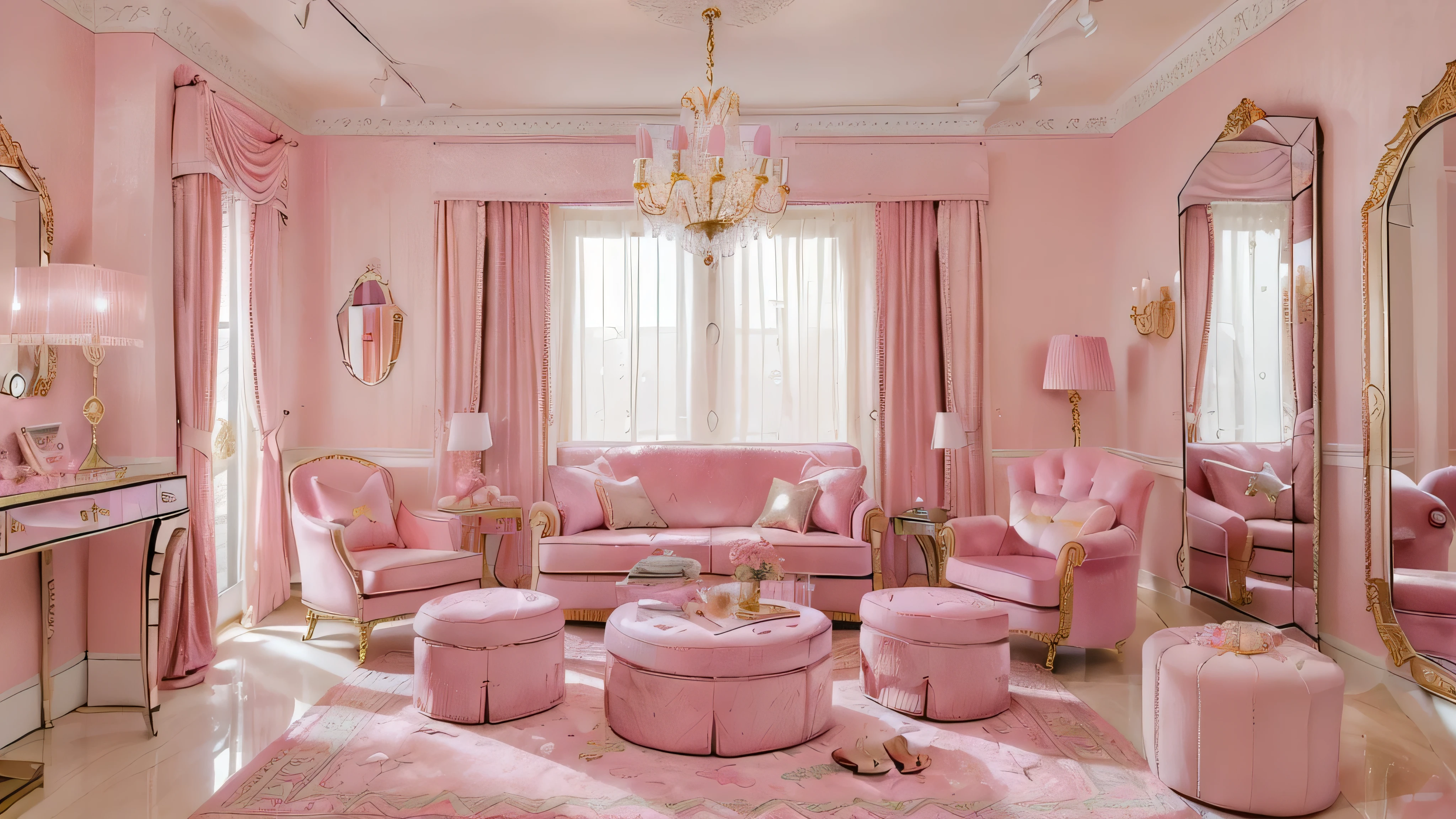 (Indoor),(super pink Barbie'sRoom:1.4),(Modern and Sophisticated Furniture:1.2),(Plush Velvet Chair and Ottoman:1.4),(Elegant Curtains and Window Treatments:1.2),(Designer clothing:1.4),(Instagrammable corner for fashion photos:1.2),(Unique Framed Statement Mirror:1.4),
(fashion runway style rug:1.2),(customized closet with trendy clothes:1.2),(glamorous dressing table:1.2),(Fashion magazines:1.2),
(Kawaii decorations:1.4),(chic light fixture:1.4),(cozy and stylish bedding:1.4),(Makeup vanity:1.4),(A dedicated area for fashion accessories:1.3),(High-end accessories:1.2),(Fashion sketches and design books:1.2),(Plenty of storage for shoes and accessories:1.2),