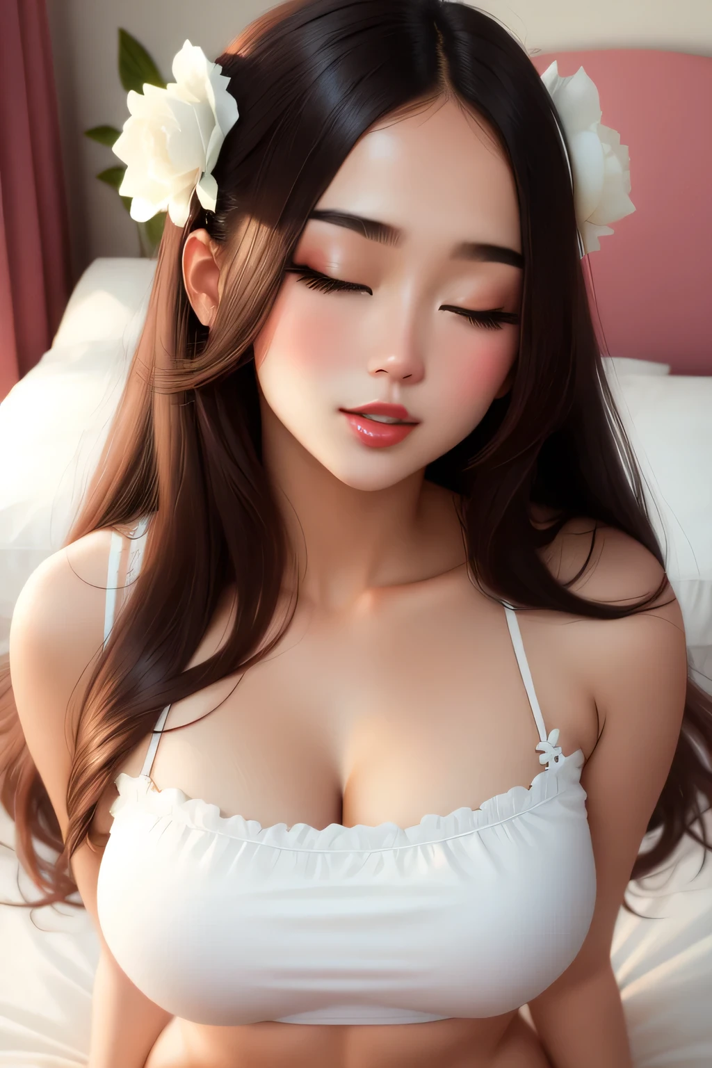 Sexy woman wearing a white top with floral decorations on the bed, intensely intimate, lustful, hot