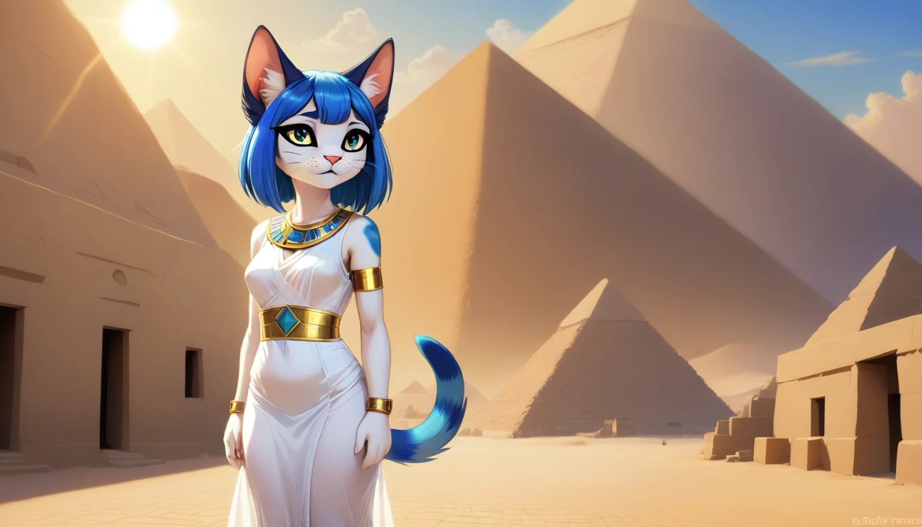 1girl，Artist Name，Egyptian cat，Blue Hair，skin，Keep your mouth shut，Wear，whole body，solo，Standing，猫Tail，Keep your mouth shut，Wear，Looking at the audience,Animal Crossing Furry, Blue Hair, Hair accessories, 黄skin, black eyes, White Dress, Tail, Egyptian Pyramids，mummy，Sunlight，sunny，(masterpiece), ((best quality), Detailed background, masterpiece, best quality, high quality, absurd, The award-winning, professional, Very detailed