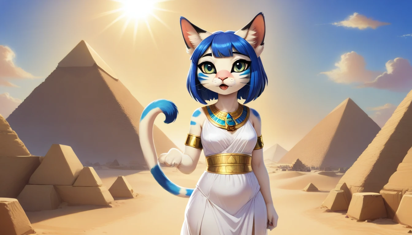 1girl，Artist Name，Egyptian cat，Blue Hair，skin，Keep your mouth shut，Wear，whole body，solo，Standing，猫Tail，Keep your mouth shut，Wear，Looking at the audience,Animal Crossing Furry, Blue Hair, Hair accessories, 黄skin, black eyes, White Dress, Tail, Egyptian Pyramids，mummy，Sunlight，sunny，(masterpiece), ((best quality), Detailed background, masterpiece, best quality, high quality, absurd, The award-winning, professional, Very detailed