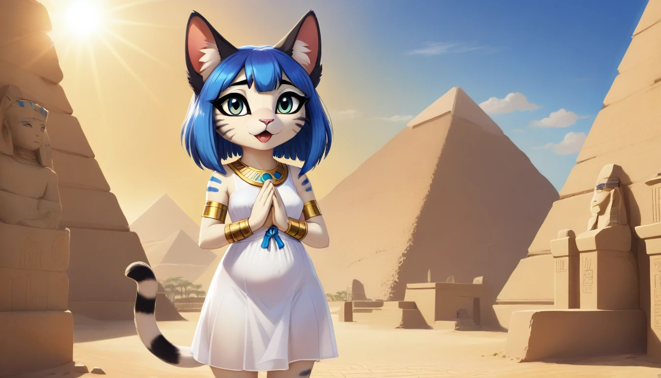 1girl，Artist Name，Egyptian cat，Blue Hair，skin，Keep your mouth shut，Wear，whole body，solo，Standing，猫Tail，Keep your mouth shut，Wear，Looking at the audience,Animal Crossing Furry, Blue Hair, Hair accessories, 黄skin, black eyes, White Dress, Tail, Egyptian Pyramids，mummy，Sunlight，sunny，(masterpiece), ((best quality), Detailed background, masterpiece, best quality, high quality, absurd, The award-winning, professional, Very detailed