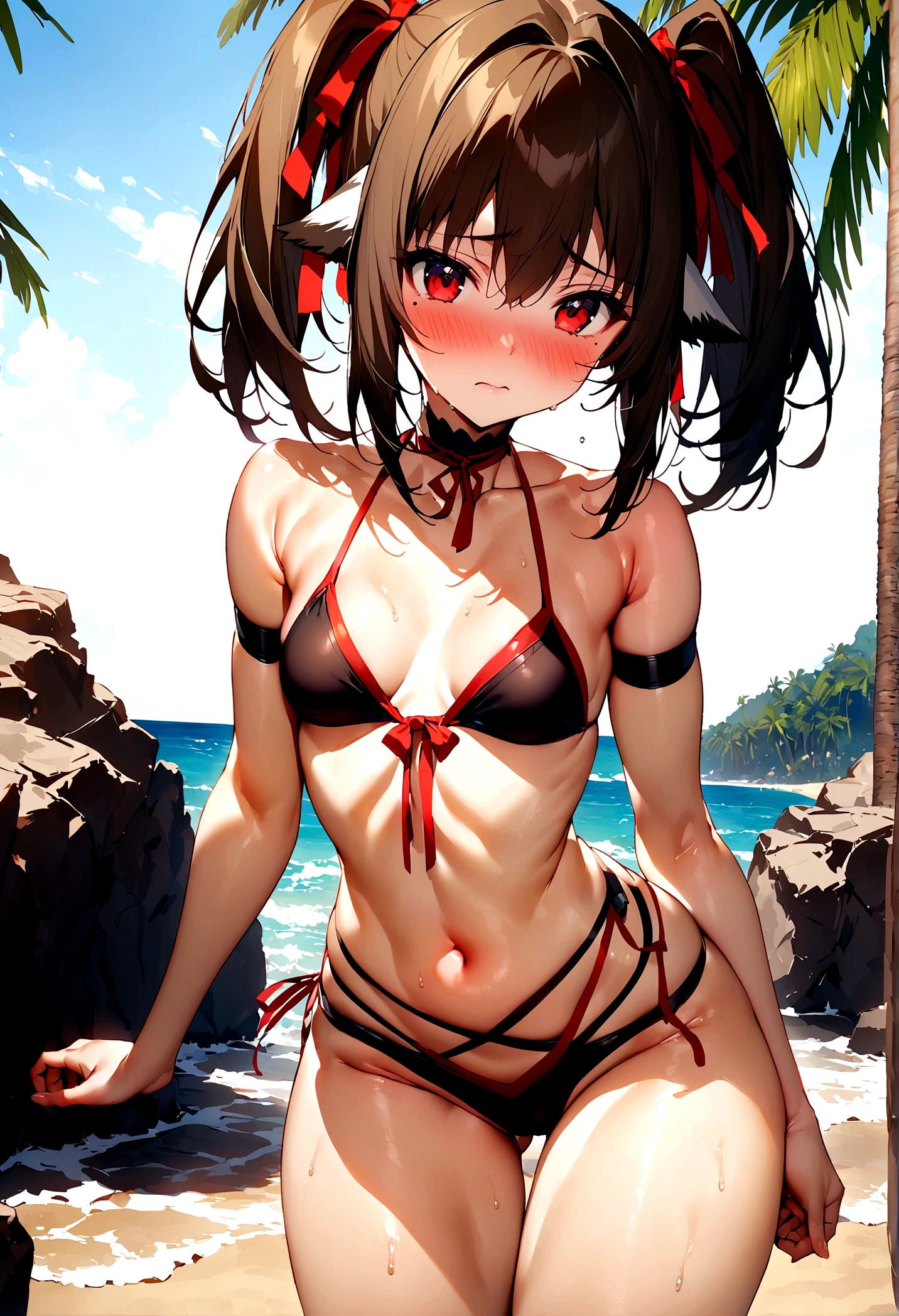 NSFW,masterpiece,Highest quality,High resolution,Super detailed,Nekone \(Utawarerumono\),Brown Hair、（Red Eye：1.3）、ribbon,Twin tails、ヘアribbon、Mole、目の下のMole,Small breasts,Japanese style,High quality sexy bikini,beach,Palm tree,Rock Shade,Embarrassed,blush,(Seduce),(Strong-faced men),A man rubs my buttocks