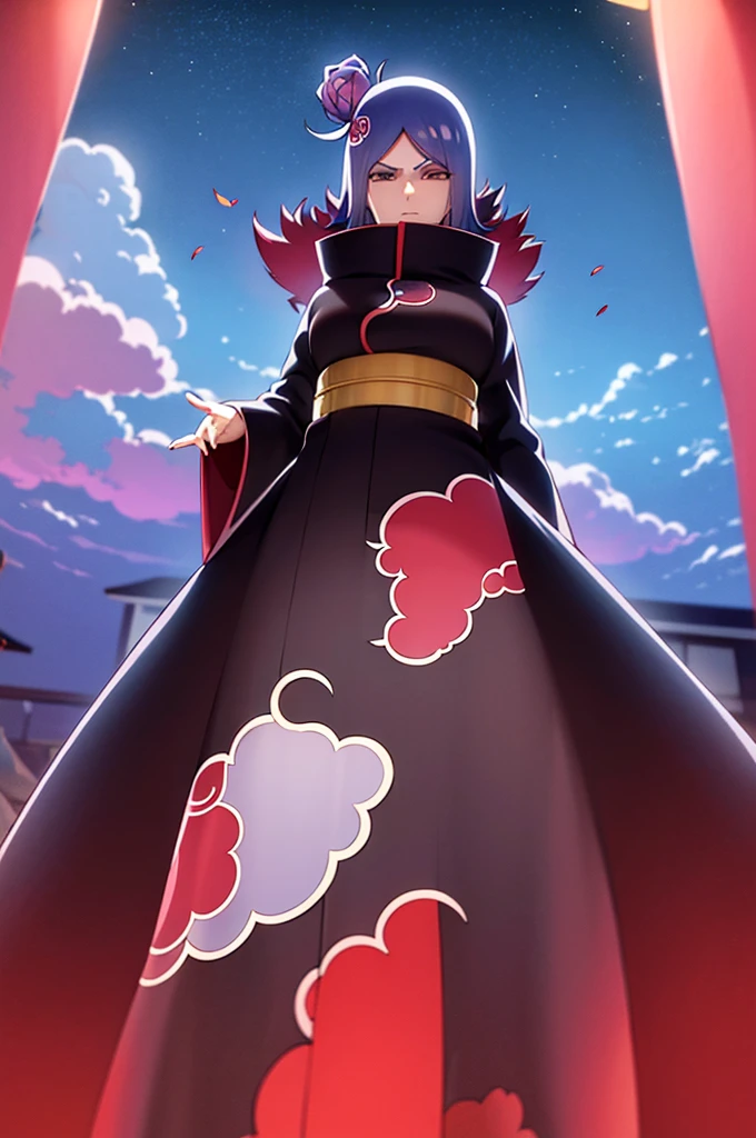 (((akatsuki robe with red clouds))), piercings, looking at the viewer, blue hair, (((standing inside dark room))), night time, busty, large breasts, high quality, 4k