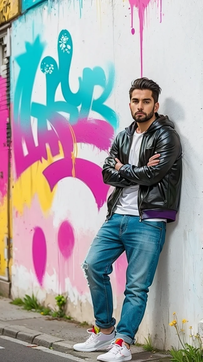 street art: Against a graffiti background, leaning casually against a wall.