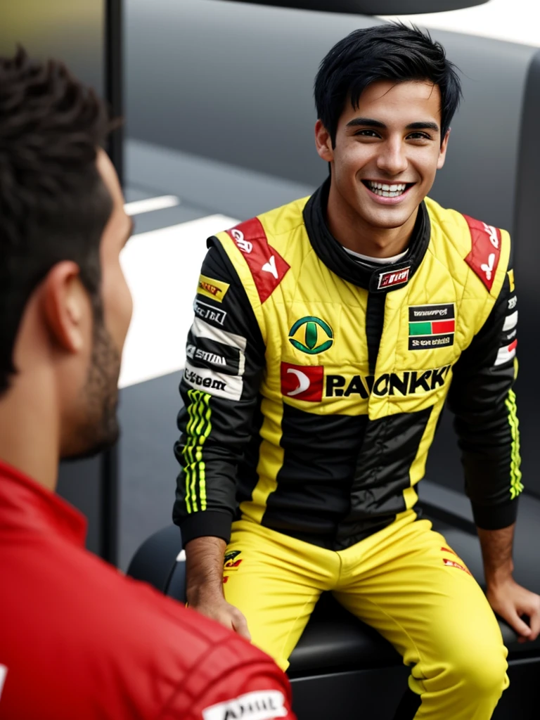 A 24-year-old F1 driver with short black hair and a red streak.
He smiles at the camera and has a green and yellow running suit