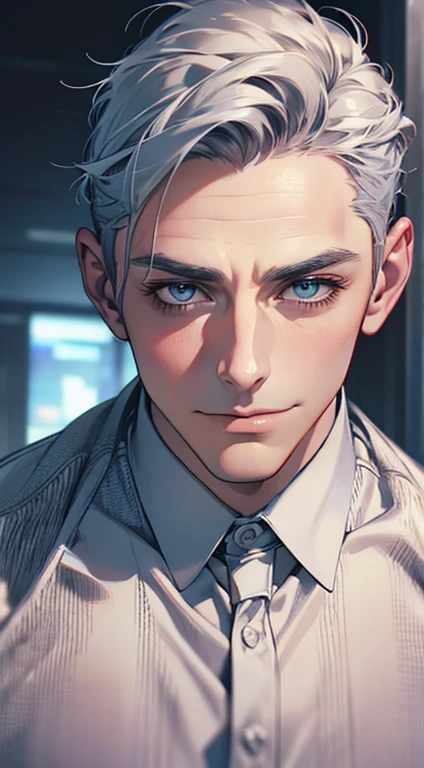 (best quality,4k,8k,highres,masterpiece:1.2),ultra-detailed,(realistic,photorealistic,photo-realistic:1.37),1 man,31 years old,mature man,very handsome,without expression,smile,short grey blue hair,blue eyes,penetrating gaze,perfect face without errors,imposing posture,businessman,office background,cinematic lighting,hdr image