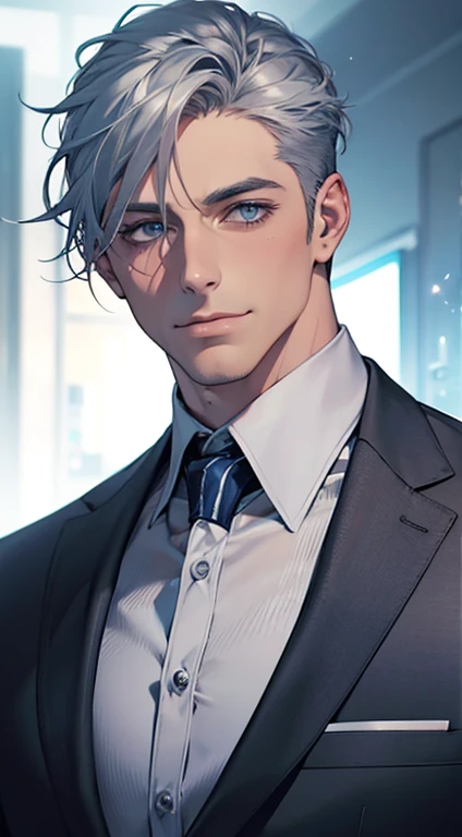 (best quality,4k,8k,highres,masterpiece:1.2),ultra-detailed,(realistic,photorealistic,photo-realistic:1.37),1 man,31 years old,mature man,very handsome,without expression,smile,short grey blue hair,blue eyes,penetrating gaze,perfect face without errors,imposing posture,businessman,office background,cinematic lighting,hdr image