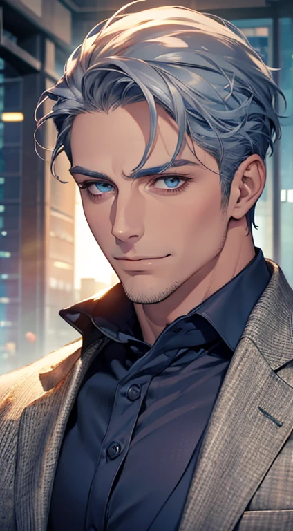 (best quality,4k,8k,highres,masterpiece:1.2),ultra-detailed,(realistic,photorealistic,photo-realistic:1.37),1 man,31 years old,mature man,very handsome,without expression,smile,short grey blue hair,blue eyes,penetrating gaze,perfect face without errors,imposing posture,businessman,office background,cinematic lighting,hdr image