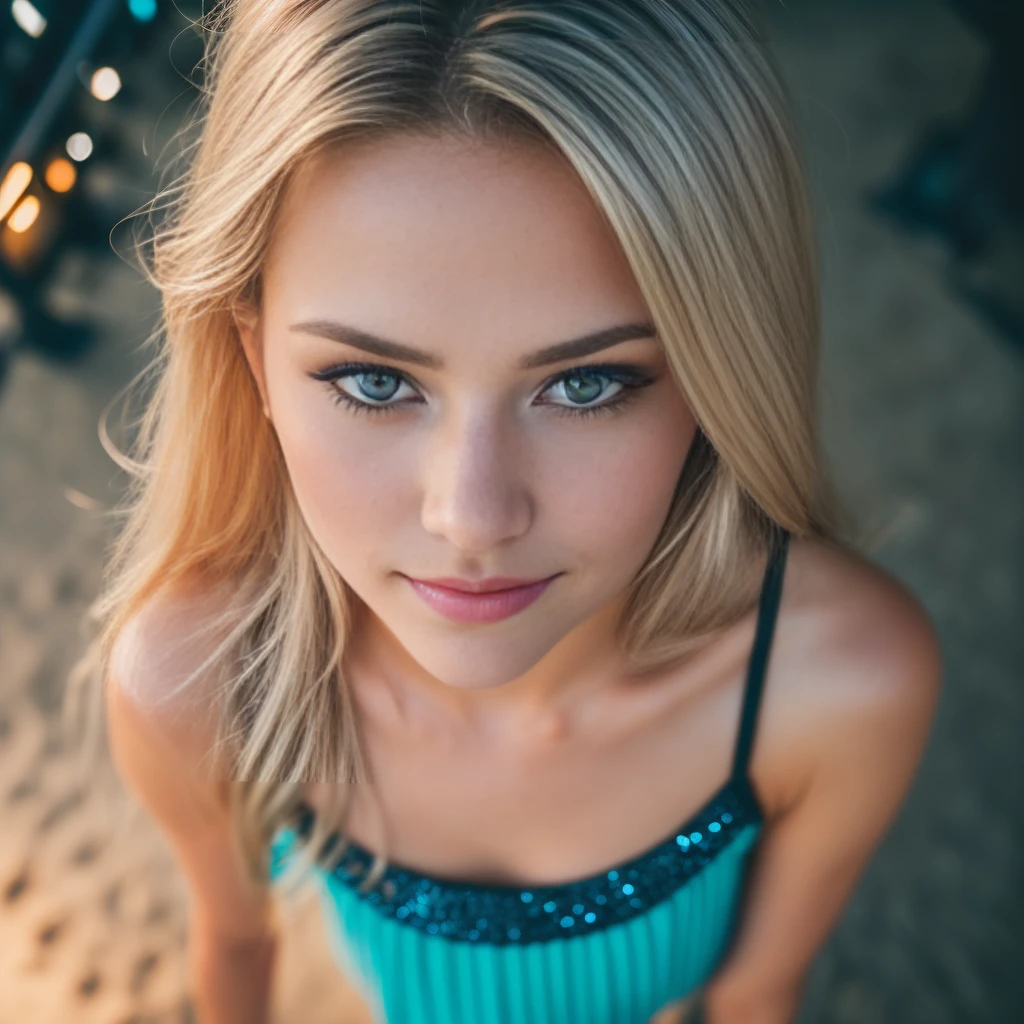 (selfie, top view: 1.4), (straight half of the body: 1.4), RAW UHD portrait photo of a 24-year-old blonde (blue-eyed woman) walking down on the beach, palm trees, (skirt), (neckline), details (textures! , hair! , glitter, color!! , disadvantages: 1.1), glossy eyes with high detail (looking at the camera), SLR lighting, SLR camera, ultra-quality, sharpness, depth of field, film grain (center), Fujifilm XT3, crystal clear, frame center, beautiful face, sharp focus, street lamp, neon lighting, bokeh (dimly lit), night, (night sky), detailed skin pores, oily skin, sunburn, complex eye details, full body, large breasts