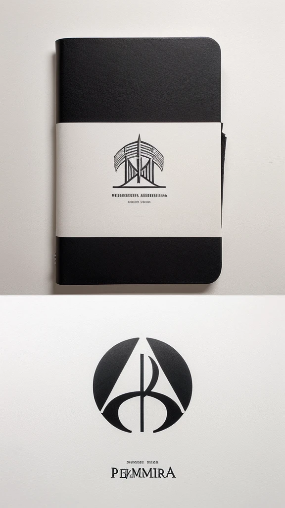 A minimal, modern, simple, cinematic logotype for the brand “Penamemoria". The logotype must be a simple, magical feather and a boy playing acoustic guitar. The logo must convey a sense of music, stories and dreams. Logo design impressed on a book cover. Minimalistic logo