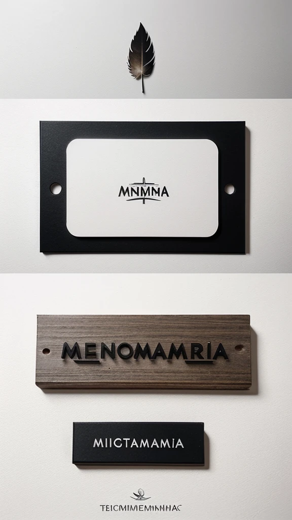 A minimal, modern, simple, cinematic logotype for the brand “Penamemoria". The logotype must be a simple, magical feather and a boy playing acoustic guitar. The logo must convey a sense of music, stories and dreams. Logo design impressed on a book cover. Minimalistic logo