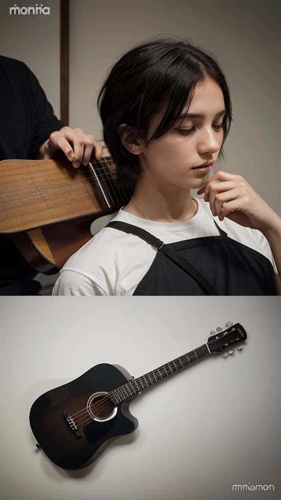 A minimal, modern, simple, cinematic logotype for the brand “Penamemoria". The logotype must be a simple, magical feather and a boy playing acoustic guitar. The logo must convey a sense of music, stories and dreams. Logo design impressed on a book cover. Minimalistic logo