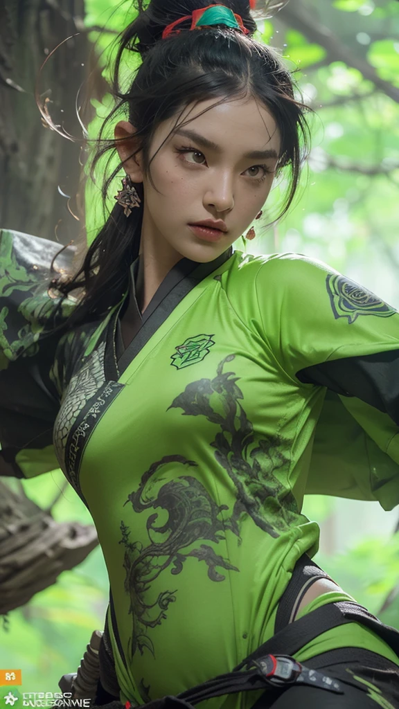 Green background，A look of determination，colorful vivid octane render, cybernetic and highly detailed, loba andrade from apex legends, created in unreal engine 5, made in unreal engine 5, trending on unreal engine 5, Antique portraits, Martial arts fantasy style 8k octane rendering, rendered in unreal 5, rendered in high octane
