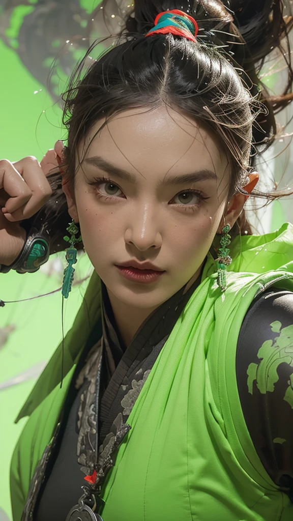 Green background,A look of determination,colorful vivid octane render, cybernetic and highly detailed, loba andrade from apex legends, created in unreal engine 5, made in unreal engine 5, trending on unreal engine 5, Antique portraits, Martial arts fantasy style 8k octane rendering, rendered in unreal 5, rendered in high octane