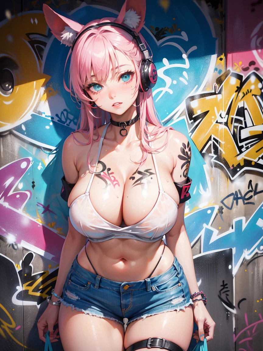 masterpiece, best quality, 1girl, solo, crop top, ((colossal cleavage:1.3)), denim shorts, choker, (graffiti:1.5), paint splatter, arms behind back, against wall, looking at viewer, armband, thigh strap, paint on body, tattoed body, head tilt, shy, multicolored hair, aqua eyes, headset, peepshow, nipslip, she is looking down shy, cheeks flushed with shame.