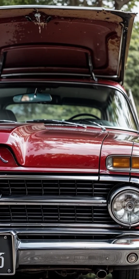Vintage Car: Lean sensually over the hood of an old car.