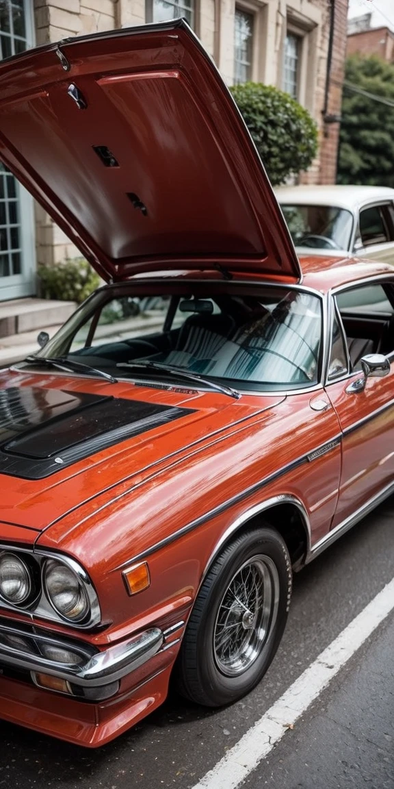 Vintage Car: Lean sensually over the hood of an old car.