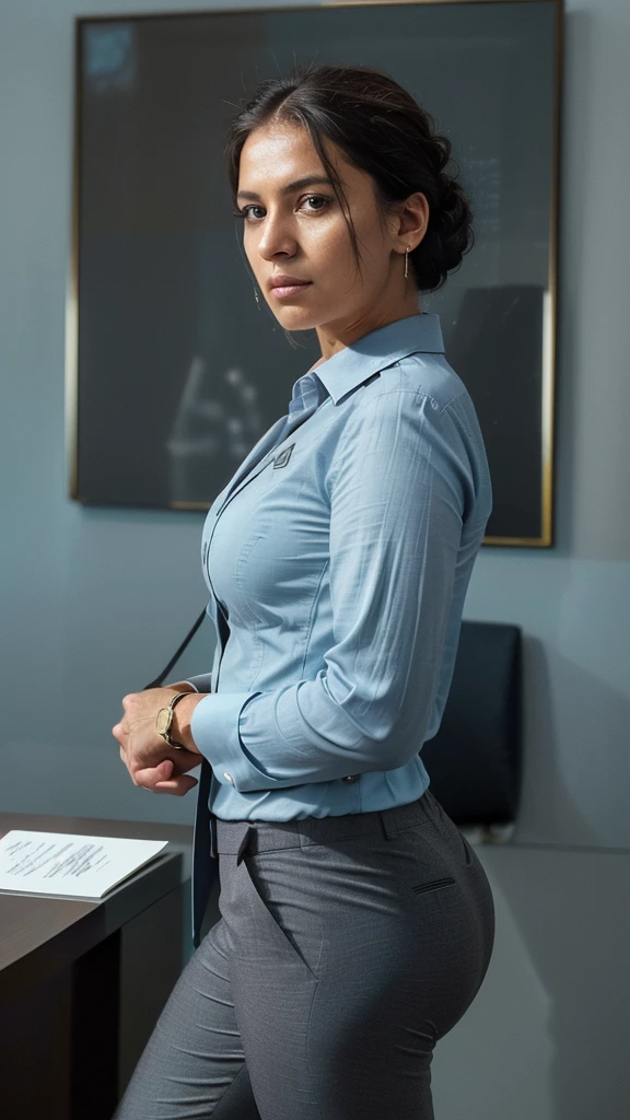 ((half body, authoritative)), Elegant Brazilian lawyer, ((dark hair in sleek updo)), (28 years old), confident, masterpiece, qualidade suprema, Ultra-detailed, alone, indoor, (((prestigious law firm lobby))), (((professional attire))), ((charcoal gray pantsuit)), (((crisp light blue shirt))), (discrete gold watch), holding legal tablet, Modern art on walls, marble reception desk, (Brazilian law books visible), (dynamic shadows), contrast, soft professional lighting, photorealistic style, (Eye contact with viewer: 1.3) ((flawless tan skin texture)) (film grain: 1.2), (cool tones, powerful ambiance: 1.3), medium shot, Accent lighting, subtle backlighting, ultra highres, best shadows, .....RAW, half body