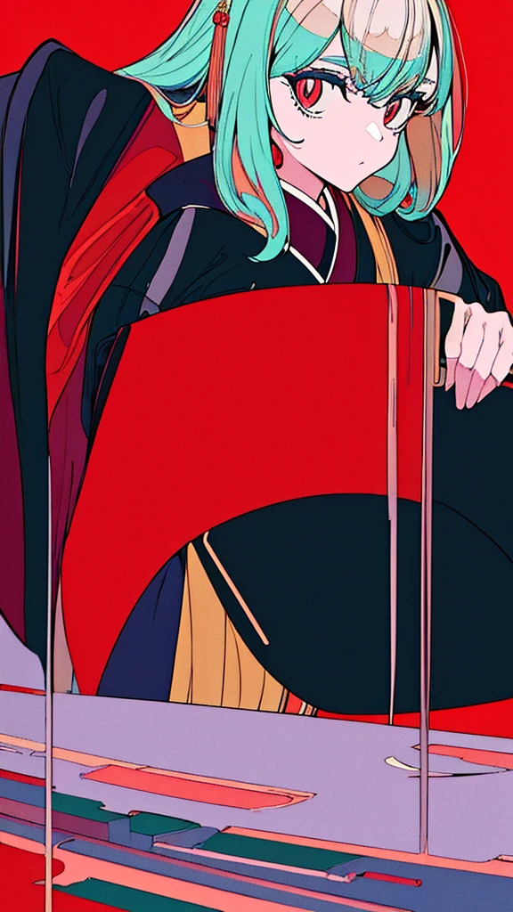 masterpiece, best quality, Flat Color,Low contrast, (Clear lines),sideways, contour,1 Girl,poker face,Black Kimono,serious,coat,Red pupil,No Expression,limited_Color Palette