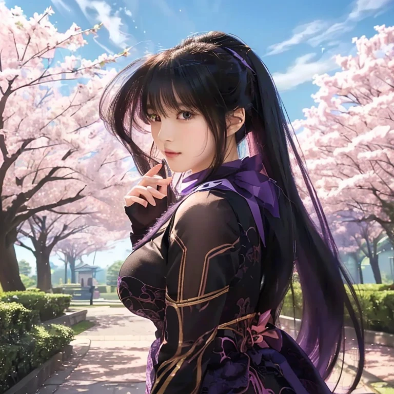 a woman with long hair and a purple dress standing in a park, anime visual of a cute girl, light novel cover art, beautiful anime portrait, smooth anime cg art, attractive anime girl, beautiful anime girl, by Jin Homura, beautiful alluring anime woman, beautiful anime woman, anime portrait of shiina ringo, ayaka genshin impact