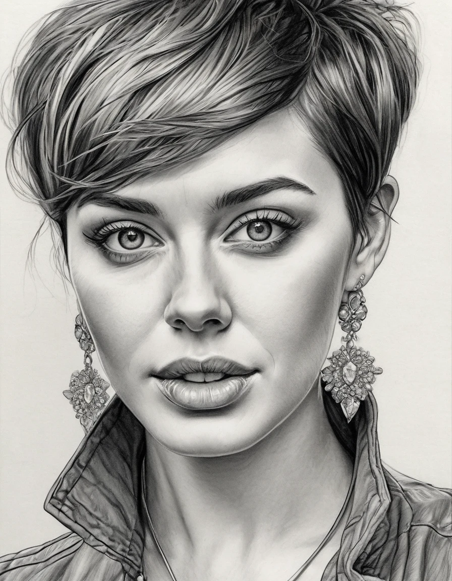 a drawing of a woman with short hair and earrings, detailed beauty portrait, detailed beautiful portrait, realistic pencil drawing, extremely detailed woman, elegant digital painting, detailed woman, detailed illustration portrait, epic portrait illustration, stunning drawing, beautiful drawing style, beautiful beautiful digital art, Bela arte UHD 4K, realistic sketch, elegant drawing, high quality sketch art