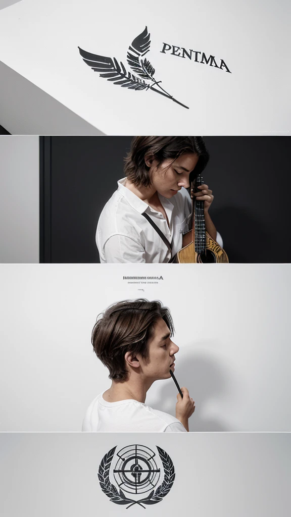 A minimal, modern, simple, cinematic logotype for the brand “Penamemoria". The logotype must be a simple, magical feather and a boy playing acoustic guitar. The logo must convey a sense of music, stories and dreams. Logo design impressed on a book cover. Minimalistic logo